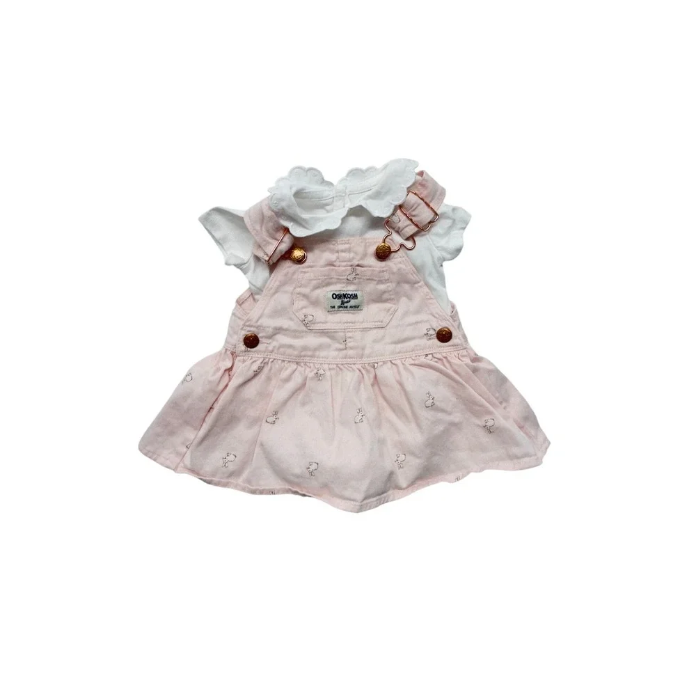 OshKosh Bgosh Baby Girl 3 M Pink Bunny Print Overall Dress Bodysuit Set
